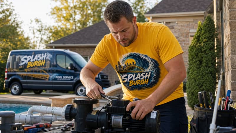 Pool technician performing urgent emergency pool repair