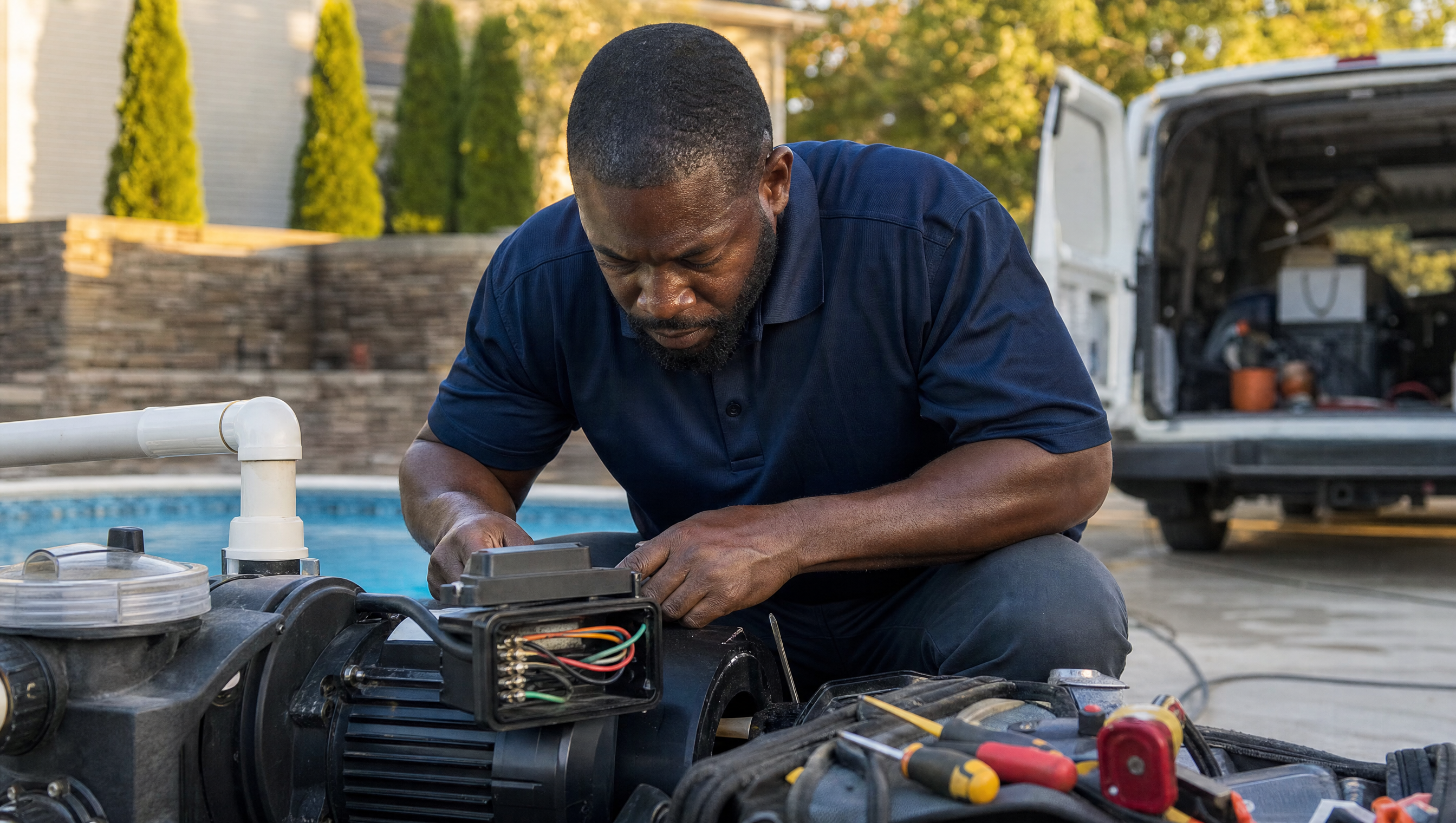Pool technician performing urgent emergency pool repair