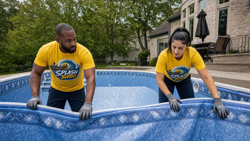 Pool workers installing a new vinyl pool liner
