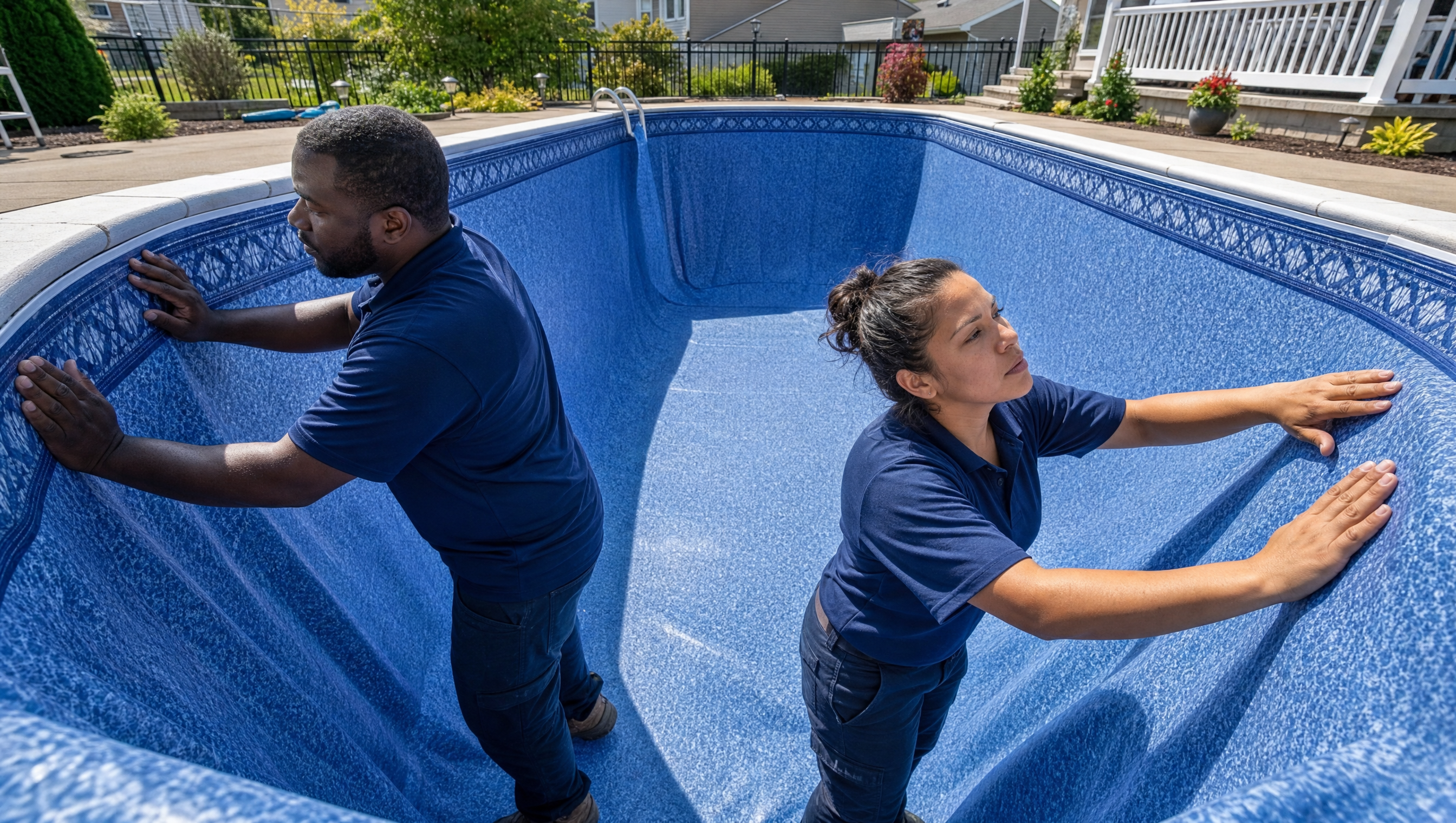 Pool workers installing a new vinyl pool liner
