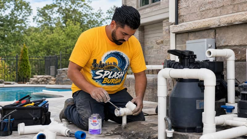 Pool plumber working on PVC plumbing pipes