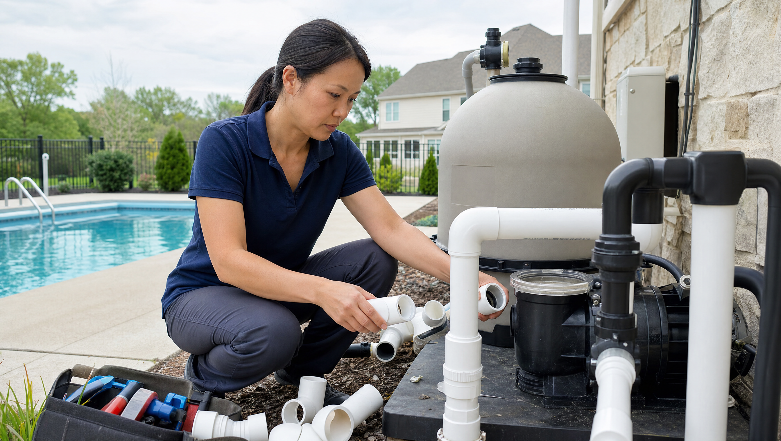 Pool plumber working on PVC plumbing pipes