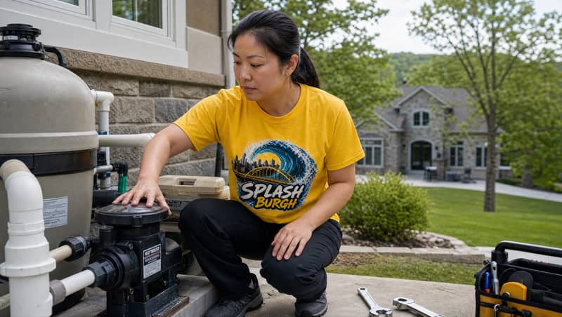 Pool technician inspecting pool pump and equipment