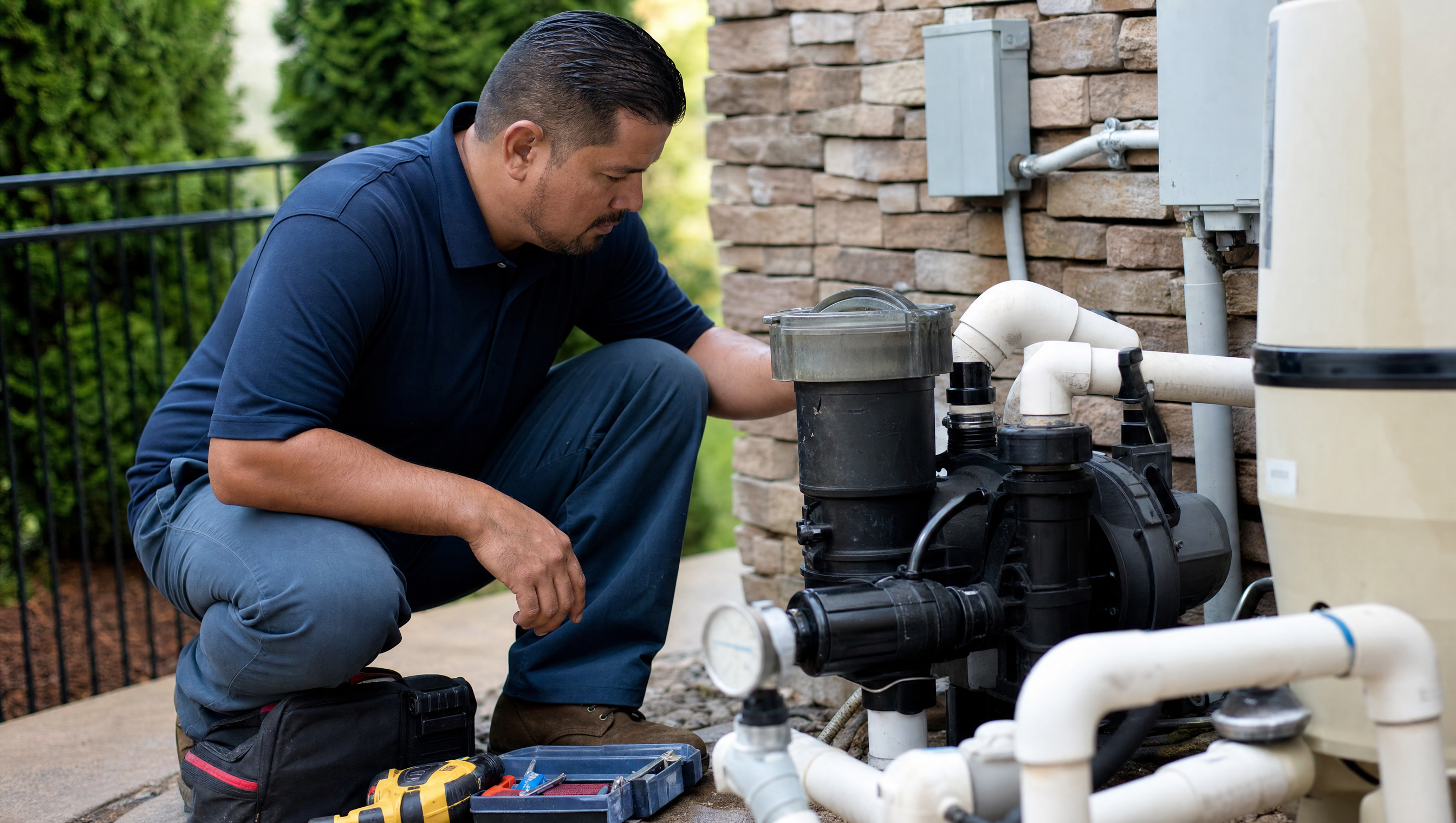 Pool technician inspecting pool pump and equipment