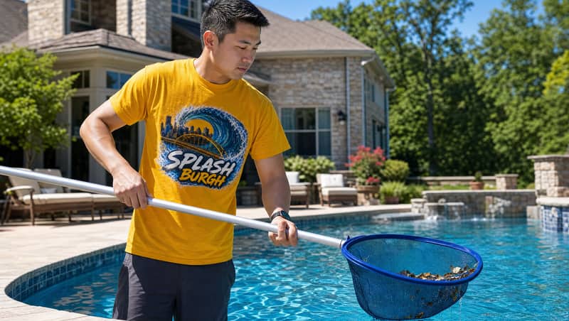 Pool cleaning technician skimming a residential pool
