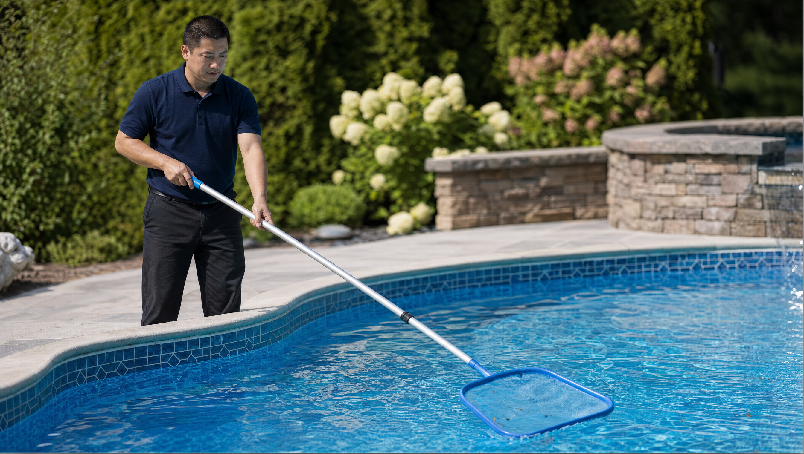 Pool cleaning technician skimming a residential pool