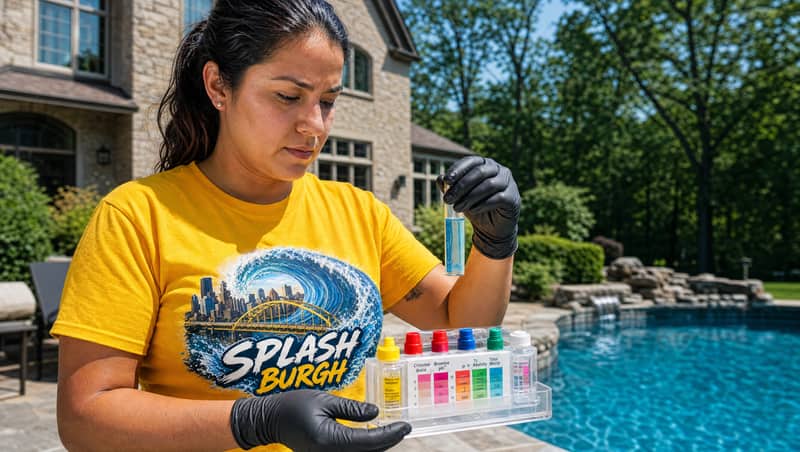 Pool technician testing water chemistry with a test kit