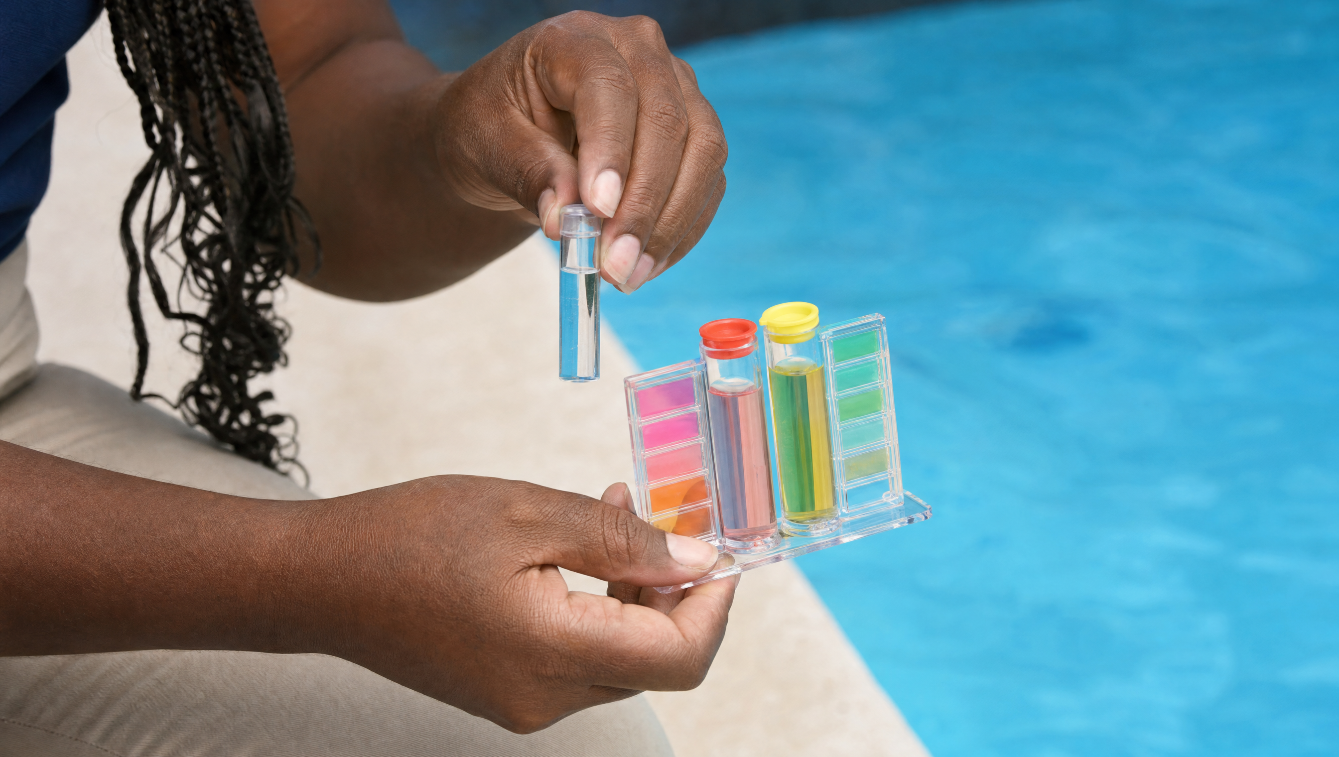Pool technician testing water chemistry with a test kit